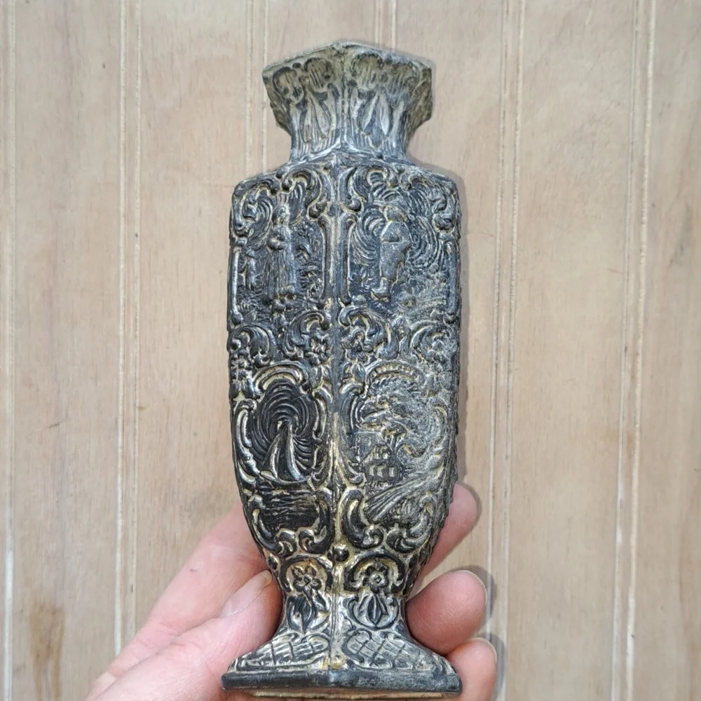 Vintage Old Dutch-Style Embossed Pewter Vase with Windmill & Figurine Motif
